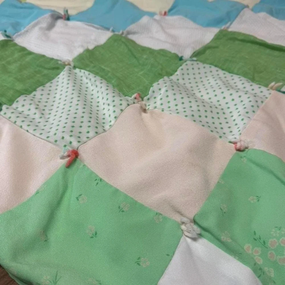 Vintage Multicoloured hand tied‎ patchwork quilt with a retro vibe